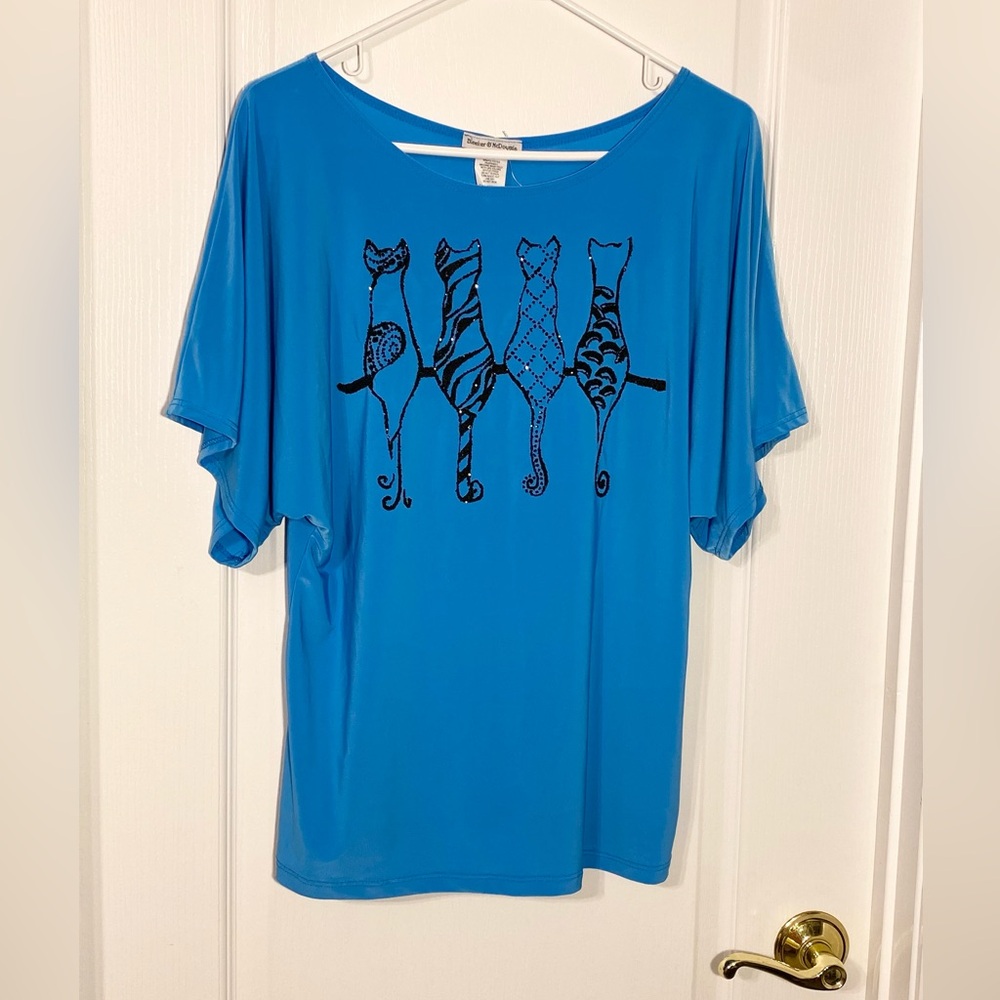 Y2K VTG Bleeker & McDougal CATS Sparkly Artwork Dolman Top USA MADE Turquoise L